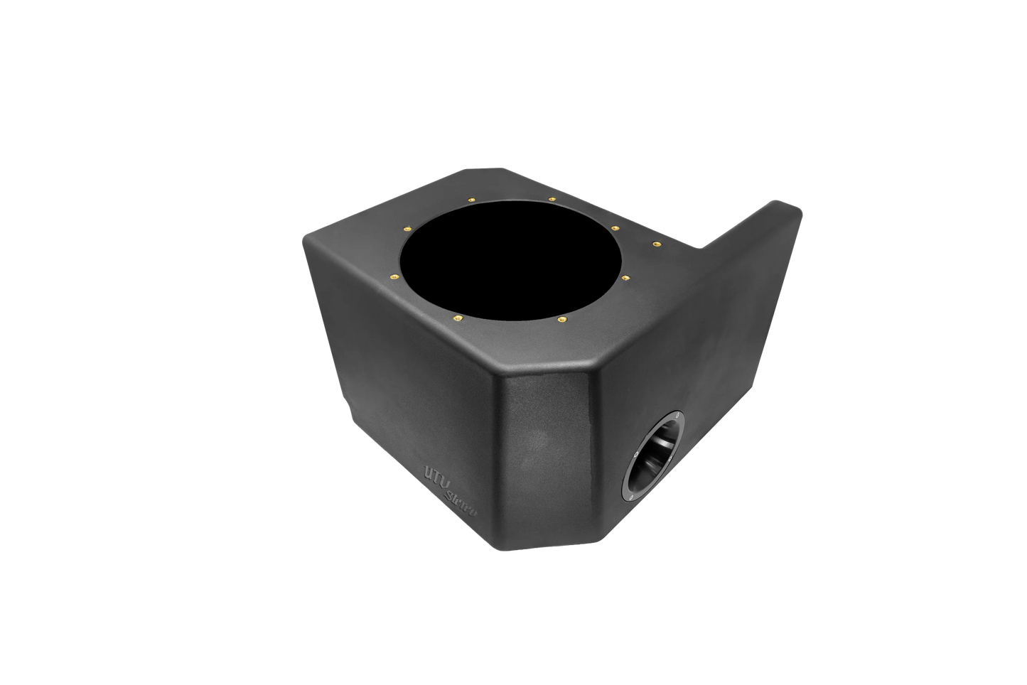 A black plastic or rubber mechanical housing component with a circular opening on top and a side port, shown on a plain white background.