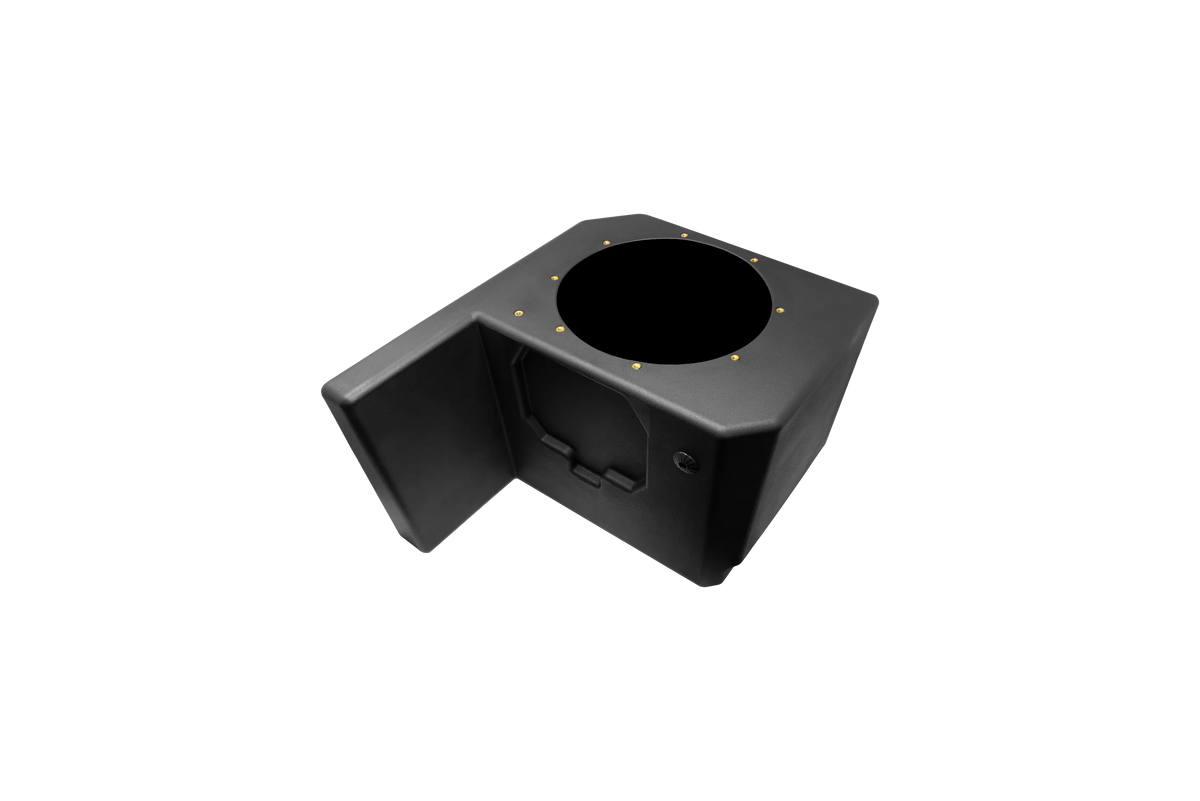 A black plastic speaker enclosure box with a circular opening on top, shown on a solid white background.