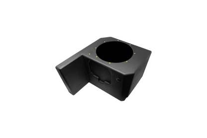 A black plastic speaker enclosure box with a circular opening on top, shown on a solid white background.