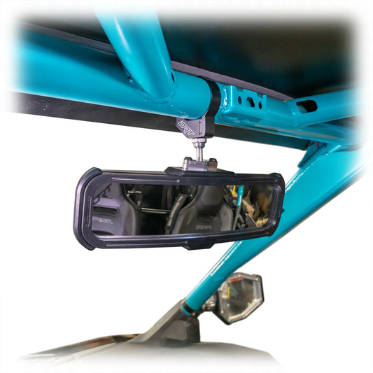 Close-up of a motorcycle mirror attached to a teal bike frame.