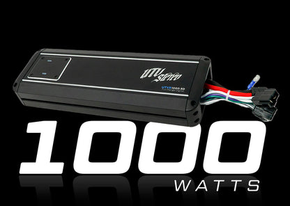 Car audio amplifier with 'UTV Sound' branding and '1000 watts' text on a black background