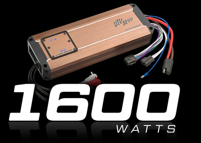 Audio amplifier with '1600 watts' text on a black background