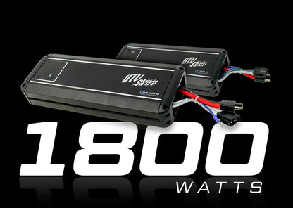 Two power amplifiers with '1800 watts' text on a black background
