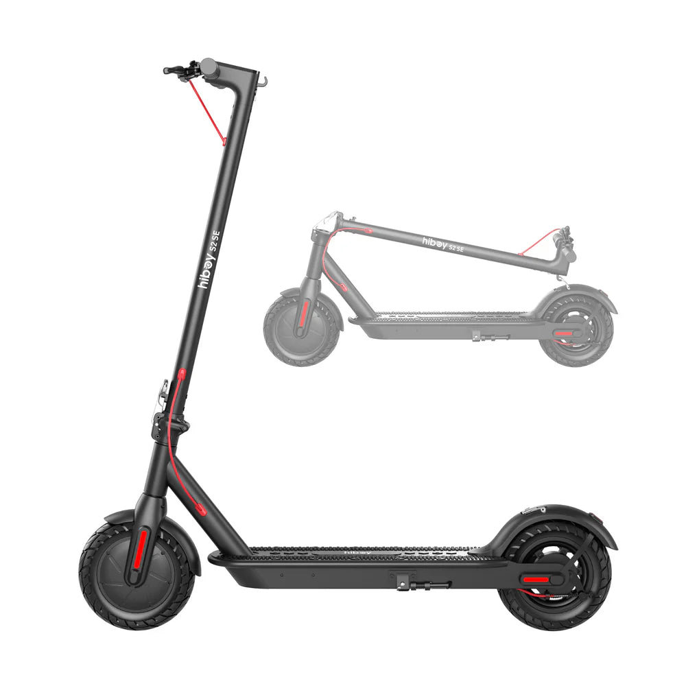Black electric scooter with folded version on a white background