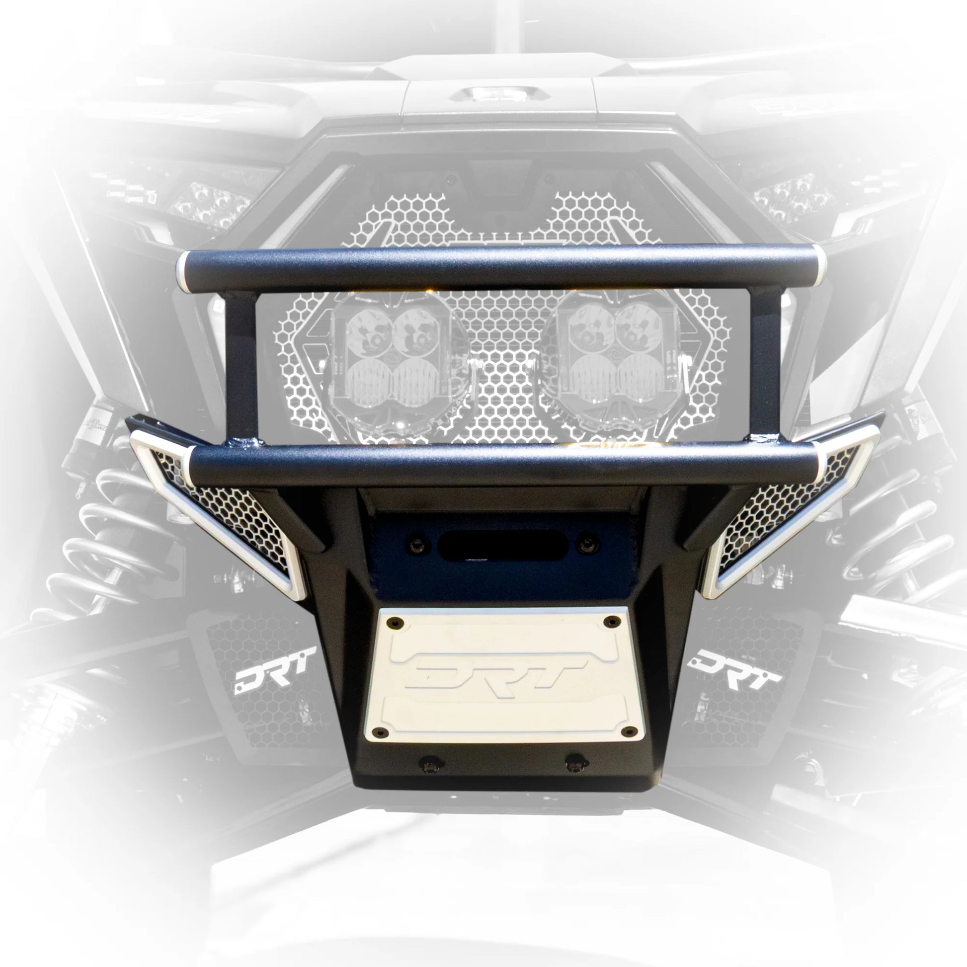 Automotive bumper with honeycomb design and visible branding on a white background