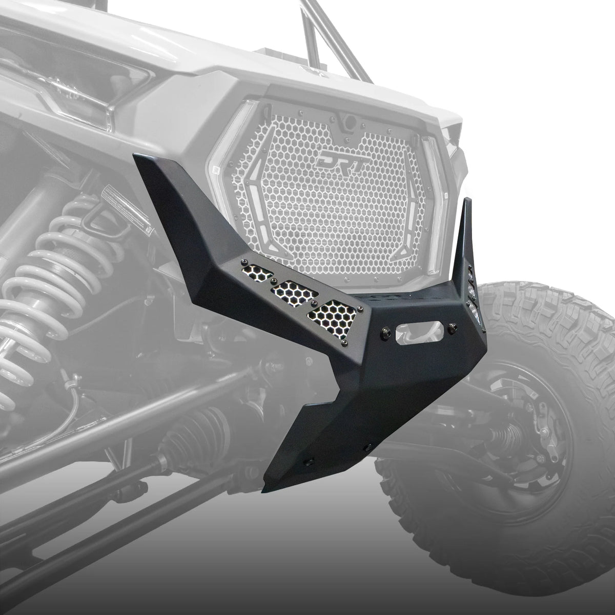 Side view of DRT bumper mounted on UTV on white background
