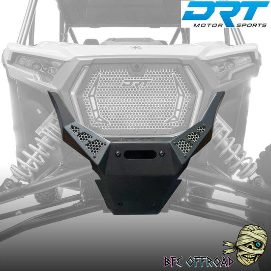 DRT Winch bumper mounted on machine on white background with DRT and BFE Offroad Logos