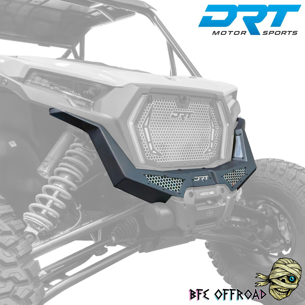 Xp 1000 Front Bumper mounted on UTV on white background with DRT and BFE Offroad Logo's