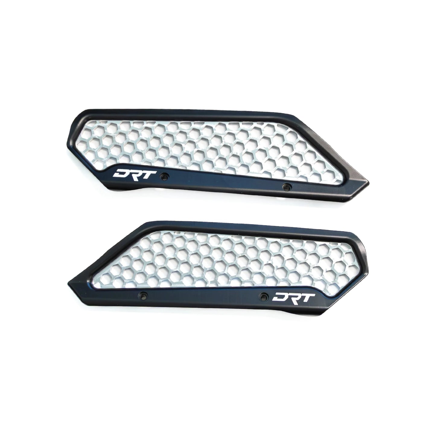 Two black honeycomb grilles with 'DRT' branding on a white background