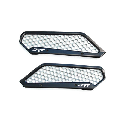 Two black honeycomb grilles with 'DRT' branding on a white background