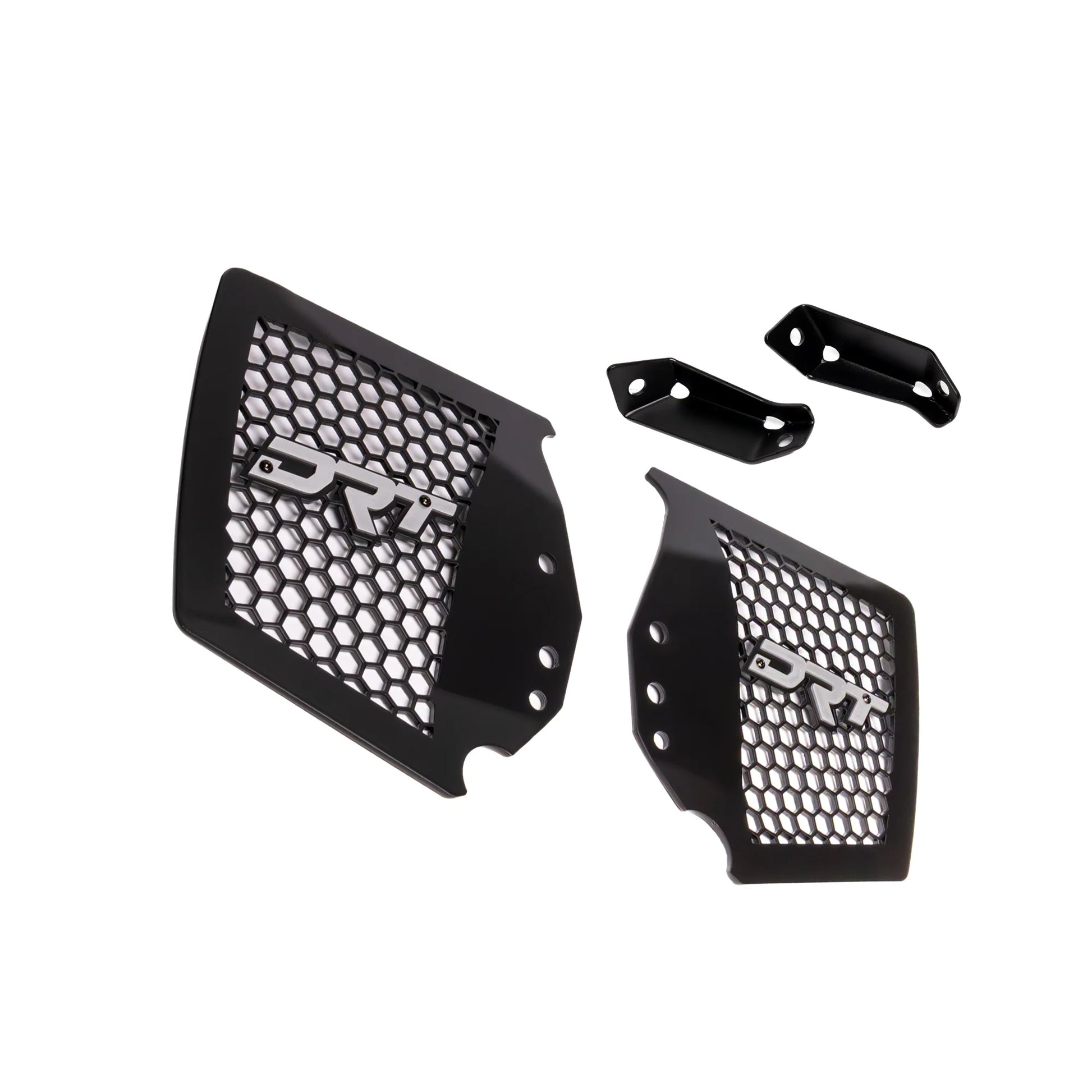 Black honeycomb grills with 'DR' branding on a white background