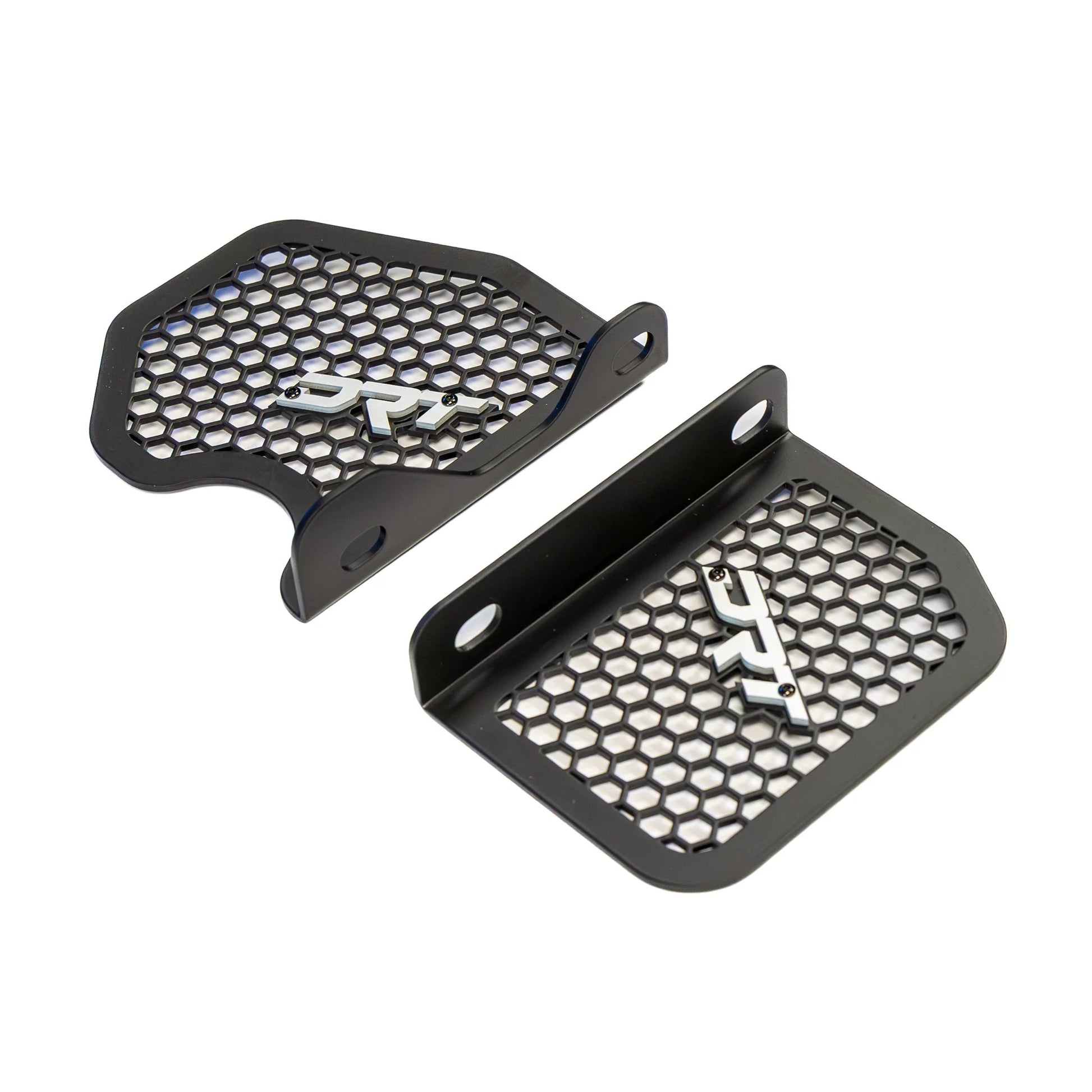 Two black honeycomb grilles with a brand logo on a white background