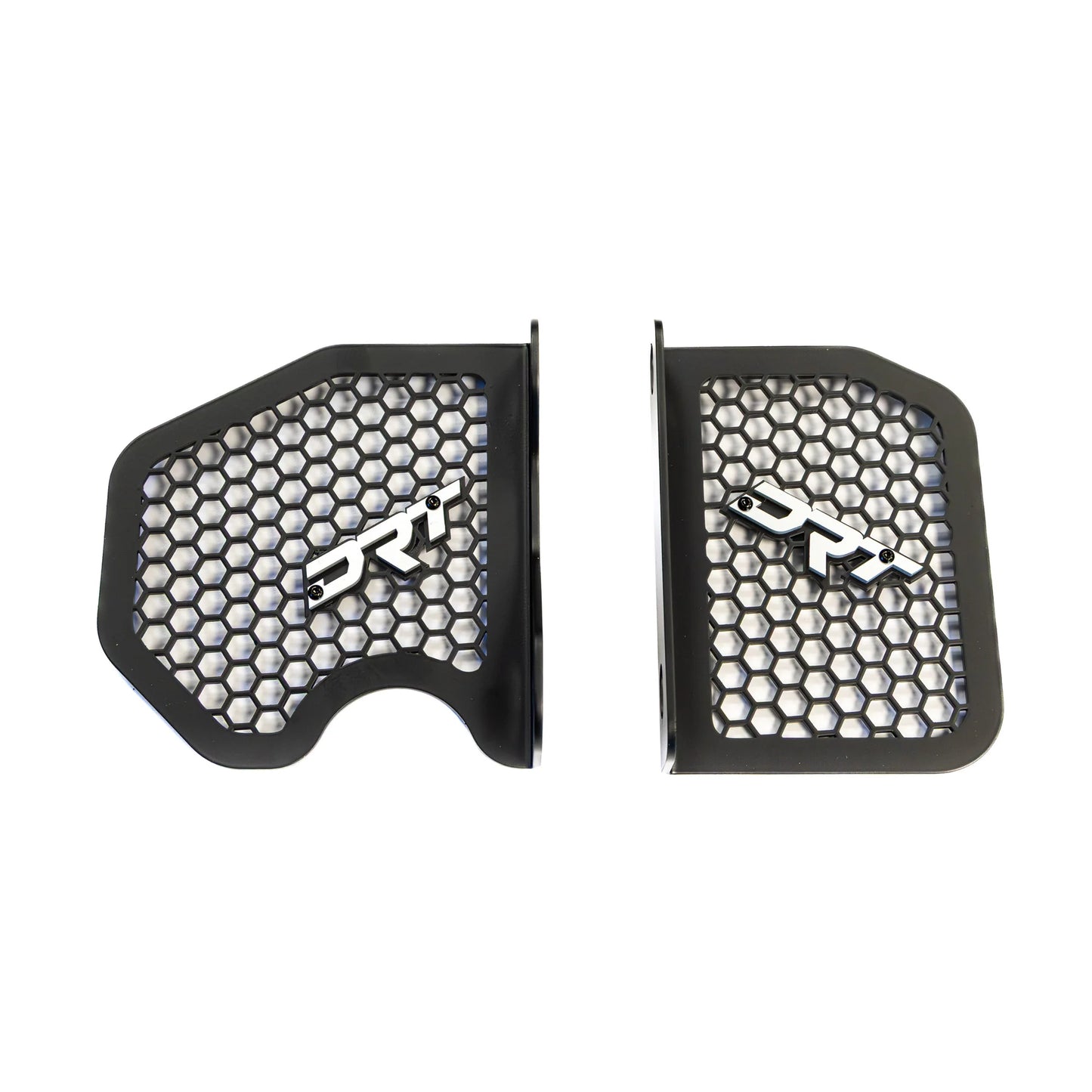 Two black protective guards with honeycomb design and 'DRT' branding on a white background