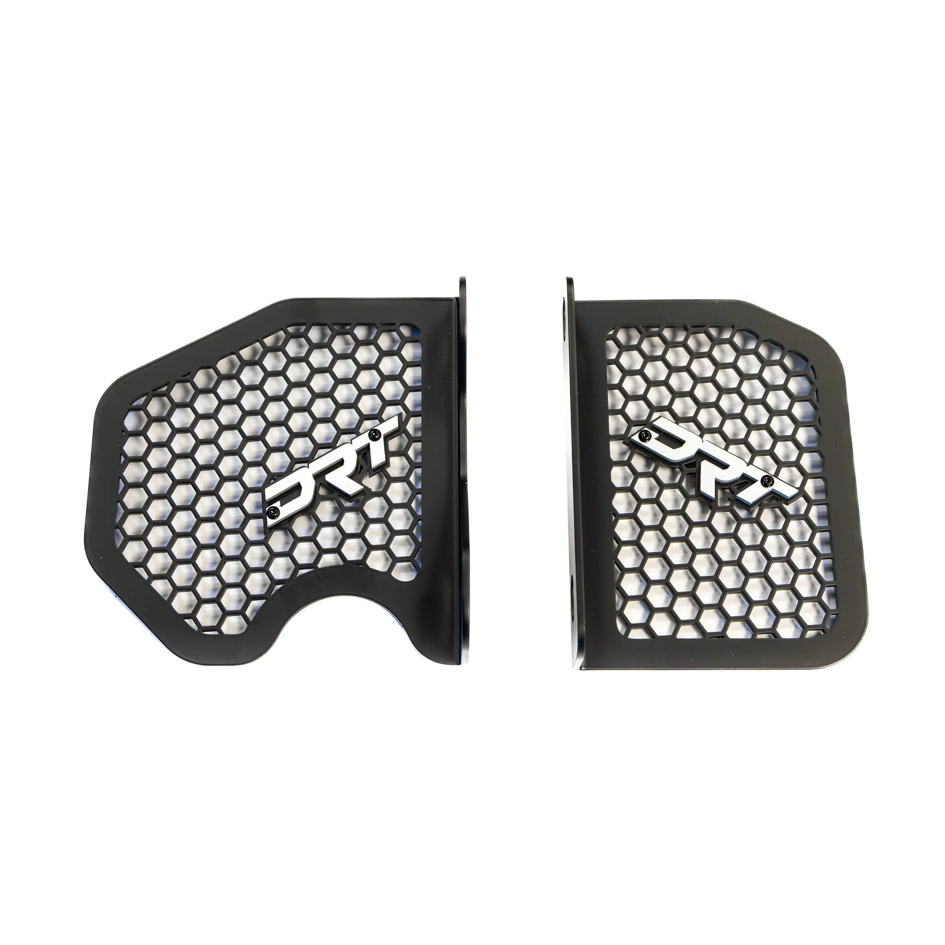 Two black protective guards with honeycomb design and 'DRT' branding on a white background