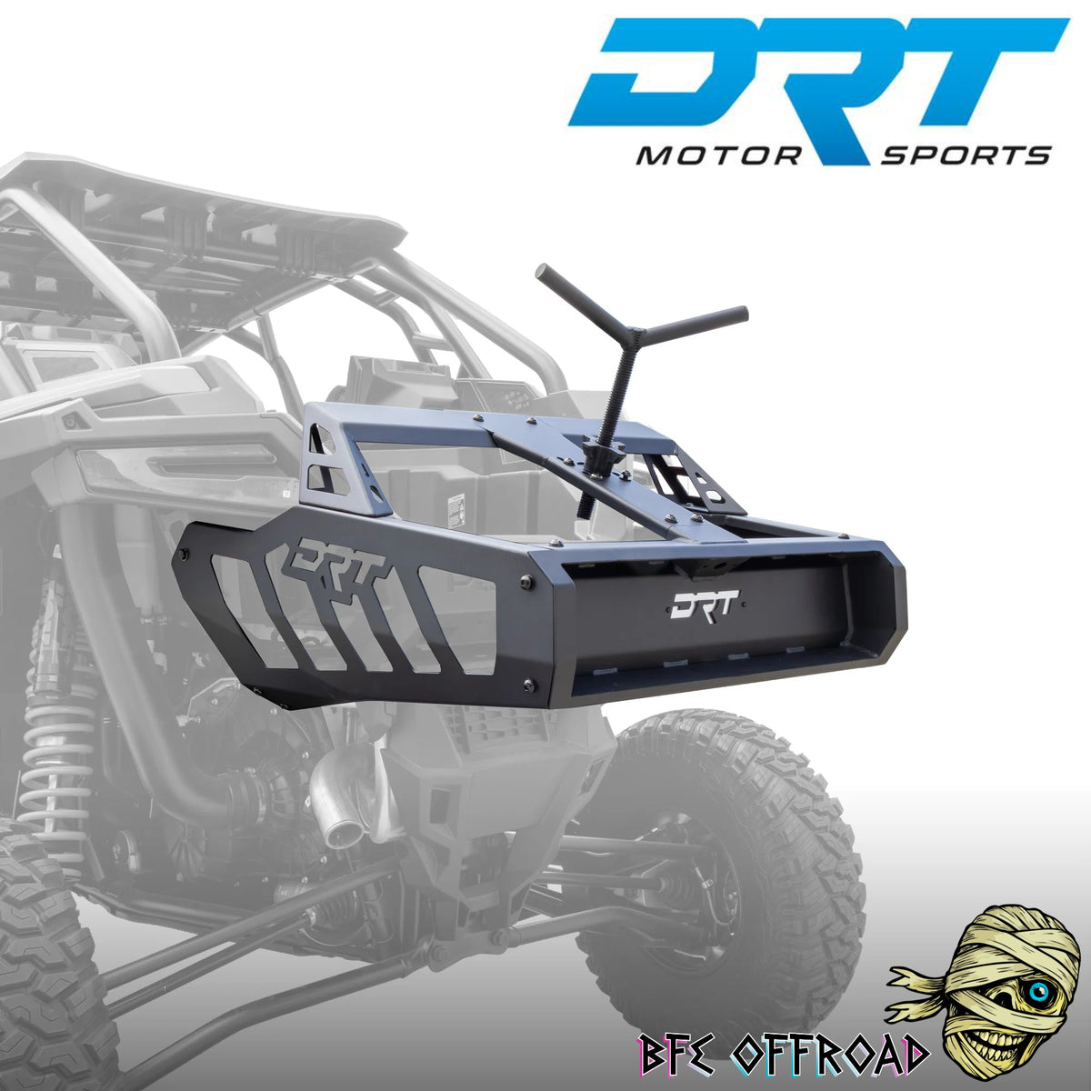 A black DRT Motor Sports rear bumper guard mounted on a gray UTV, shown against a white background with the DRT Motor Sports logo in the top right and a BFE Offroad logo in the bottom right.