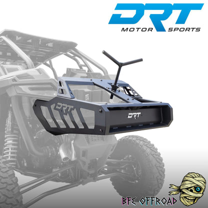 A black DRT Motor Sports rear bumper guard mounted on a gray UTV, shown against a white background with the DRT Motor Sports logo in the top right and a BFE Offroad logo in the bottom right.