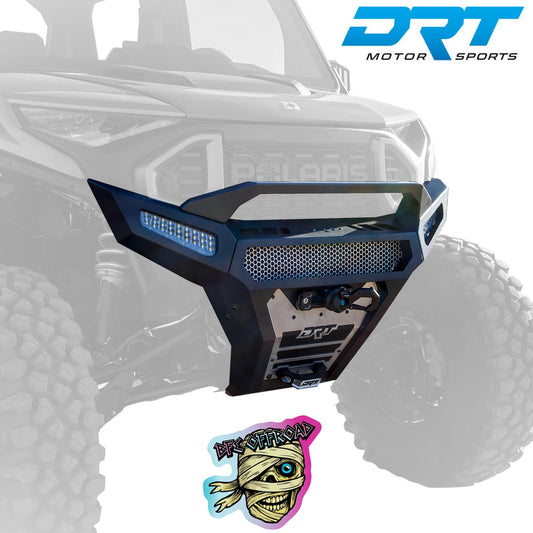 A black and dark blue DRT Motor Sports front bumper guard with integrated LED light bars, shown in front of a faded UTV vehicle on a white background with a DRT logo and BFE Offroad Logo.