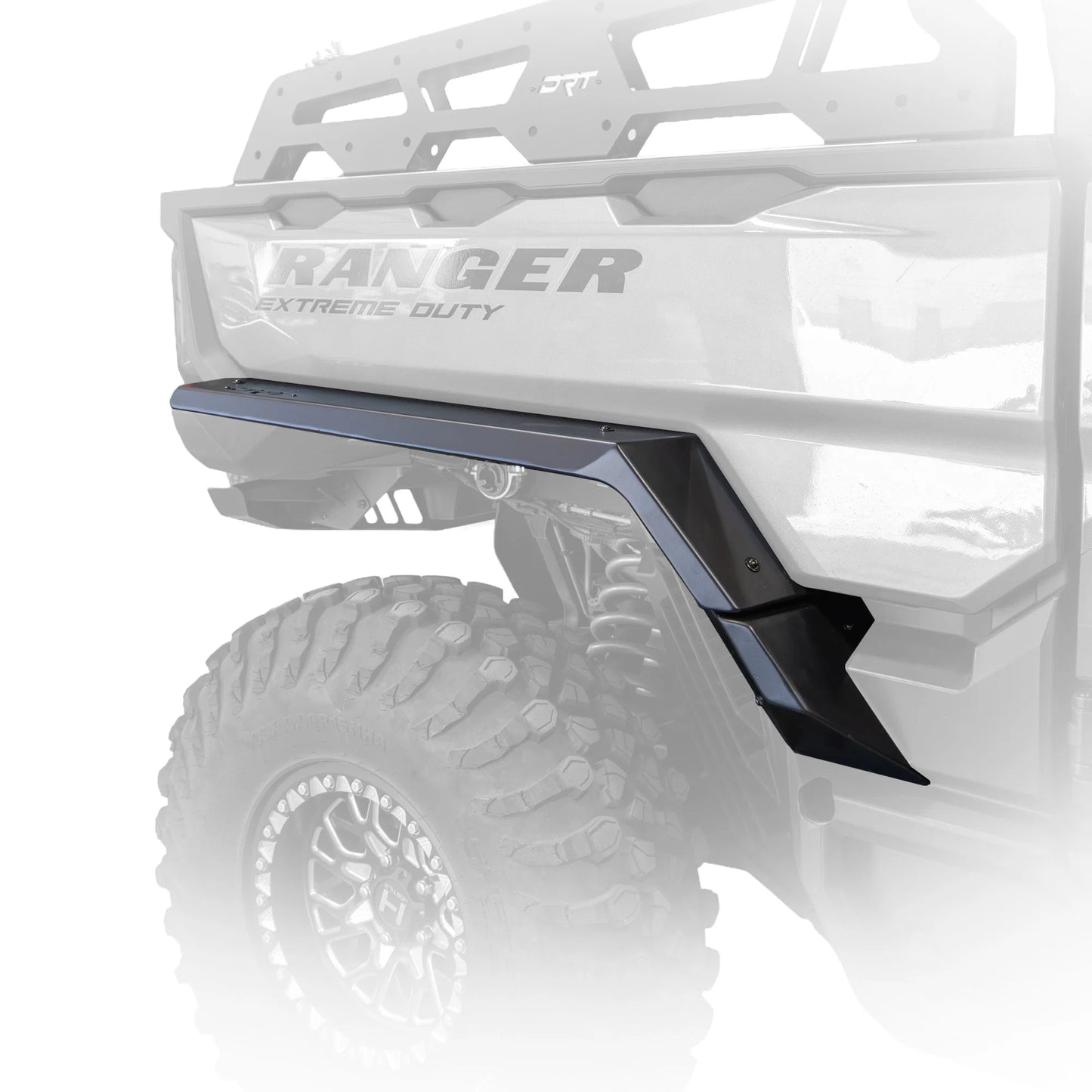 Black aluminum fender lip protectors installed on the rear side of a white Polaris Ranger UTV, shown against a clean white background with a faint reflection.