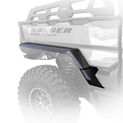 Black aluminum fender lip protectors installed on the rear side of a white Polaris Ranger UTV, shown against a clean white background with a faint reflection.