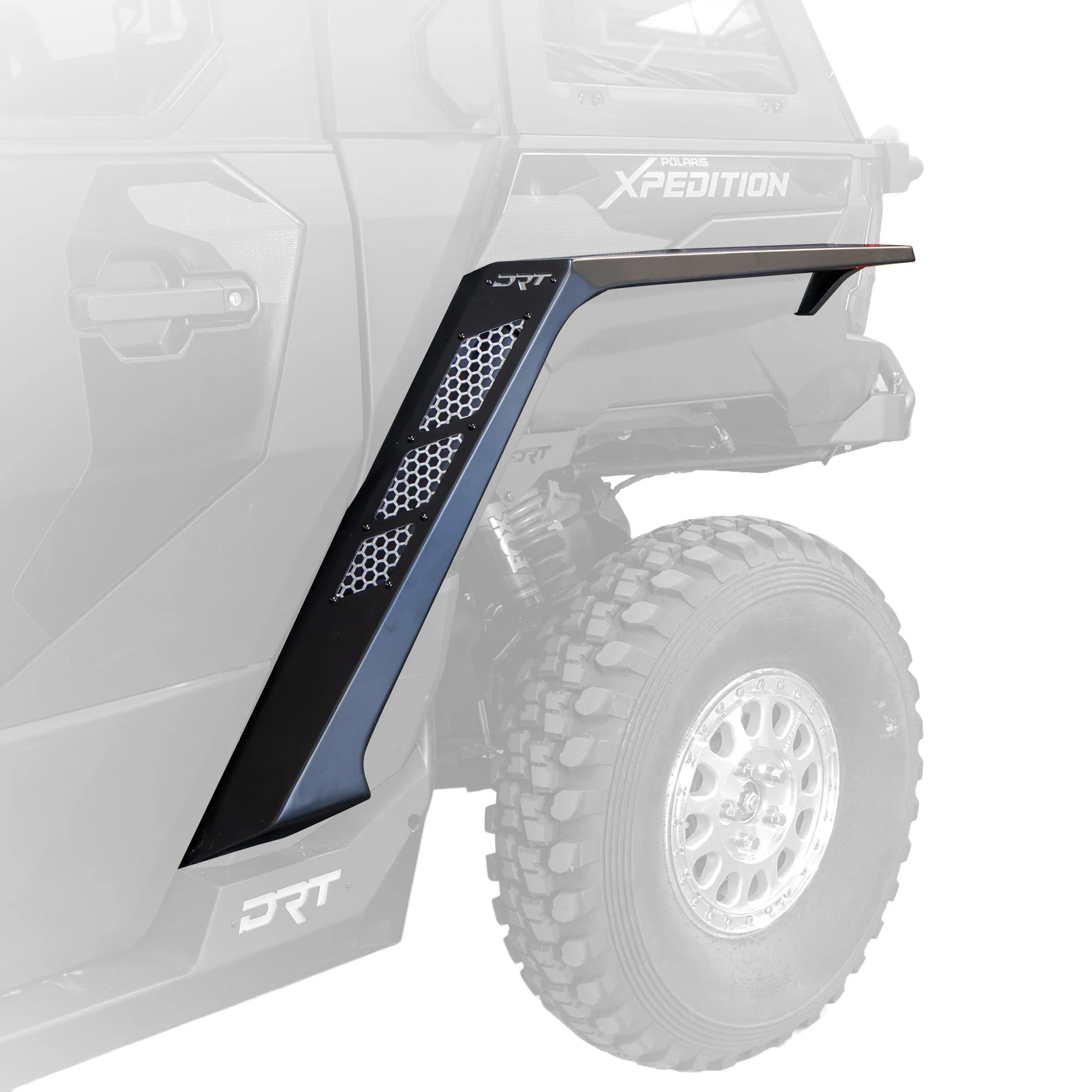 Fender flare attachment on a vehicle with 'DRT' branding