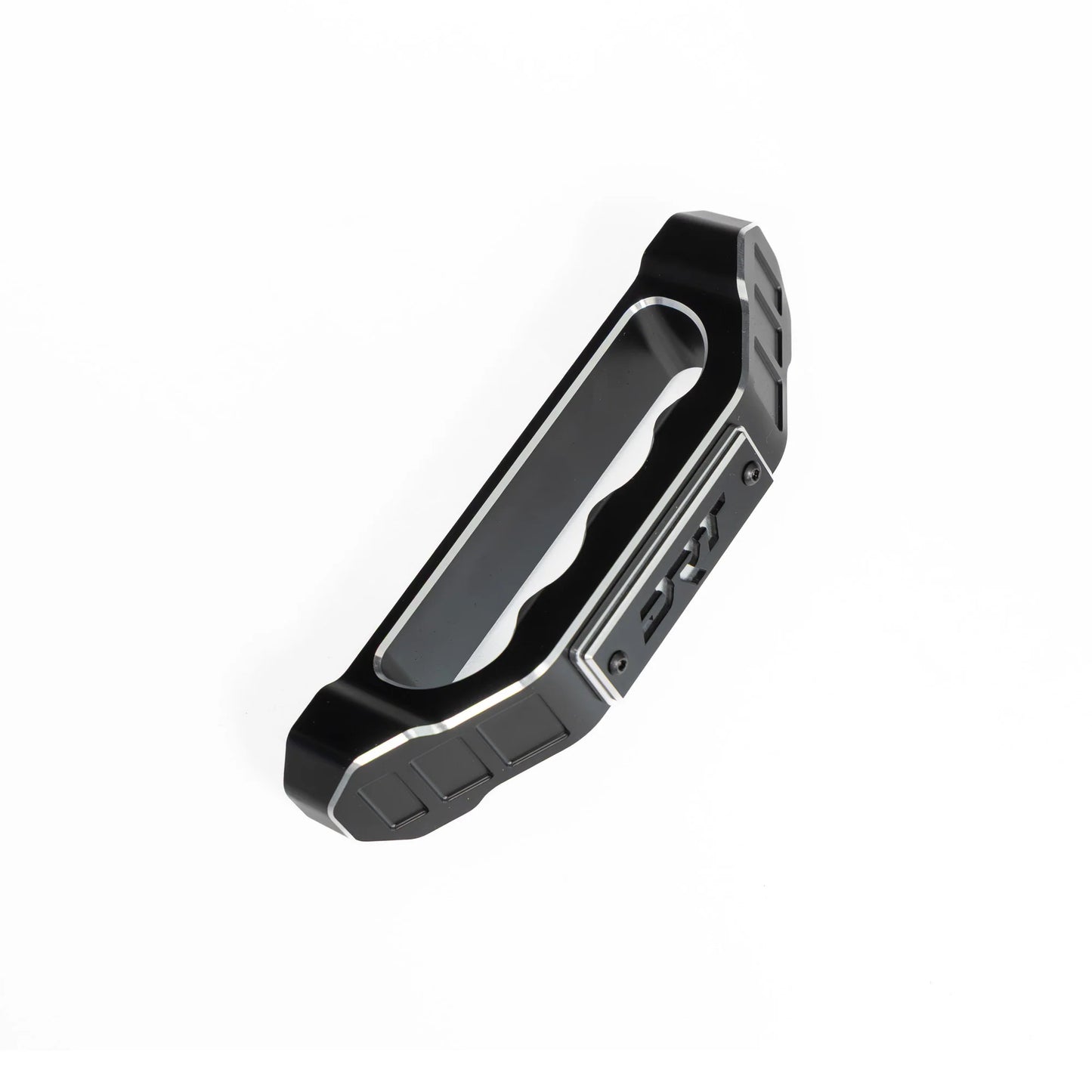 Black metal carabiner with keychain attachment on a white background