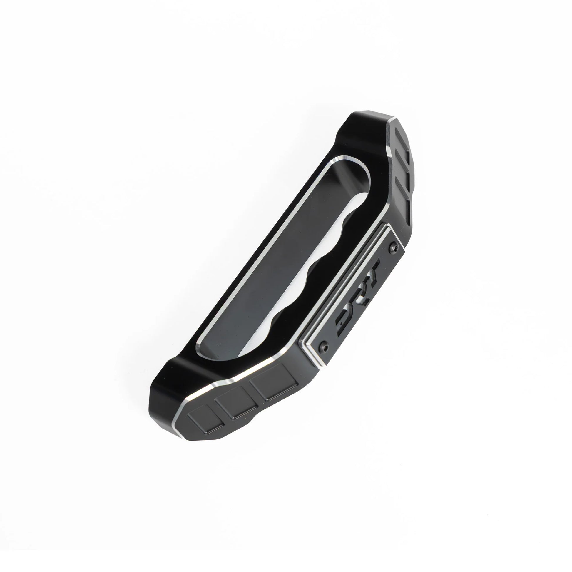 Black metal carabiner with keychain attachment on a white background