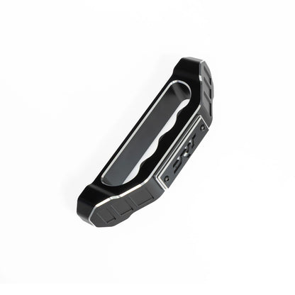 Black metal carabiner with keychain attachment on a white background