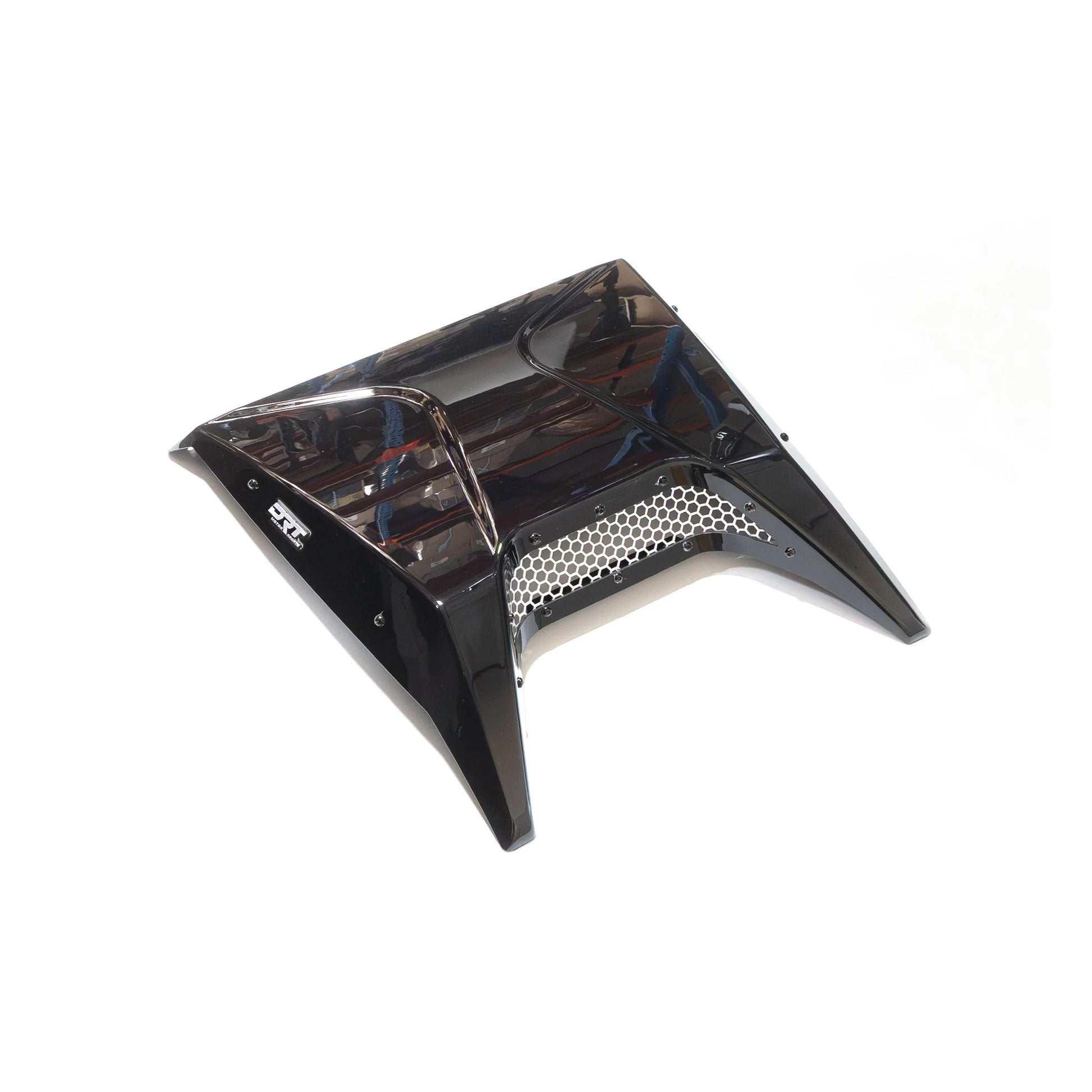 Black motorcycle fairing with branded logo on a white background