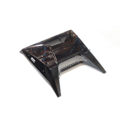 Black motorcycle fairing with branded logo on a white background