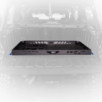Black metal shelf or rack inside a vehicle with visible branding on a white background