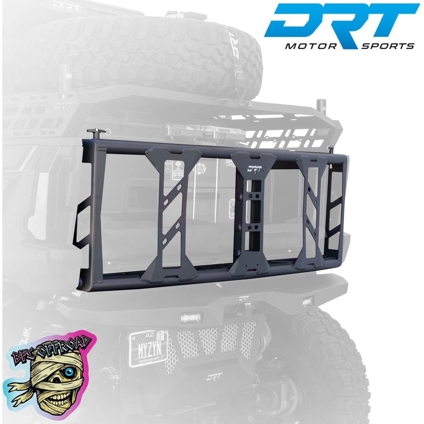 A black metal rear bumper guard rack mounted on the rear of an off-road vehicle, shown against a faded vehicle background. The DRT Motor Sports logo appears in the top right, and a BFE Offroad Logo appears in the bottom left.