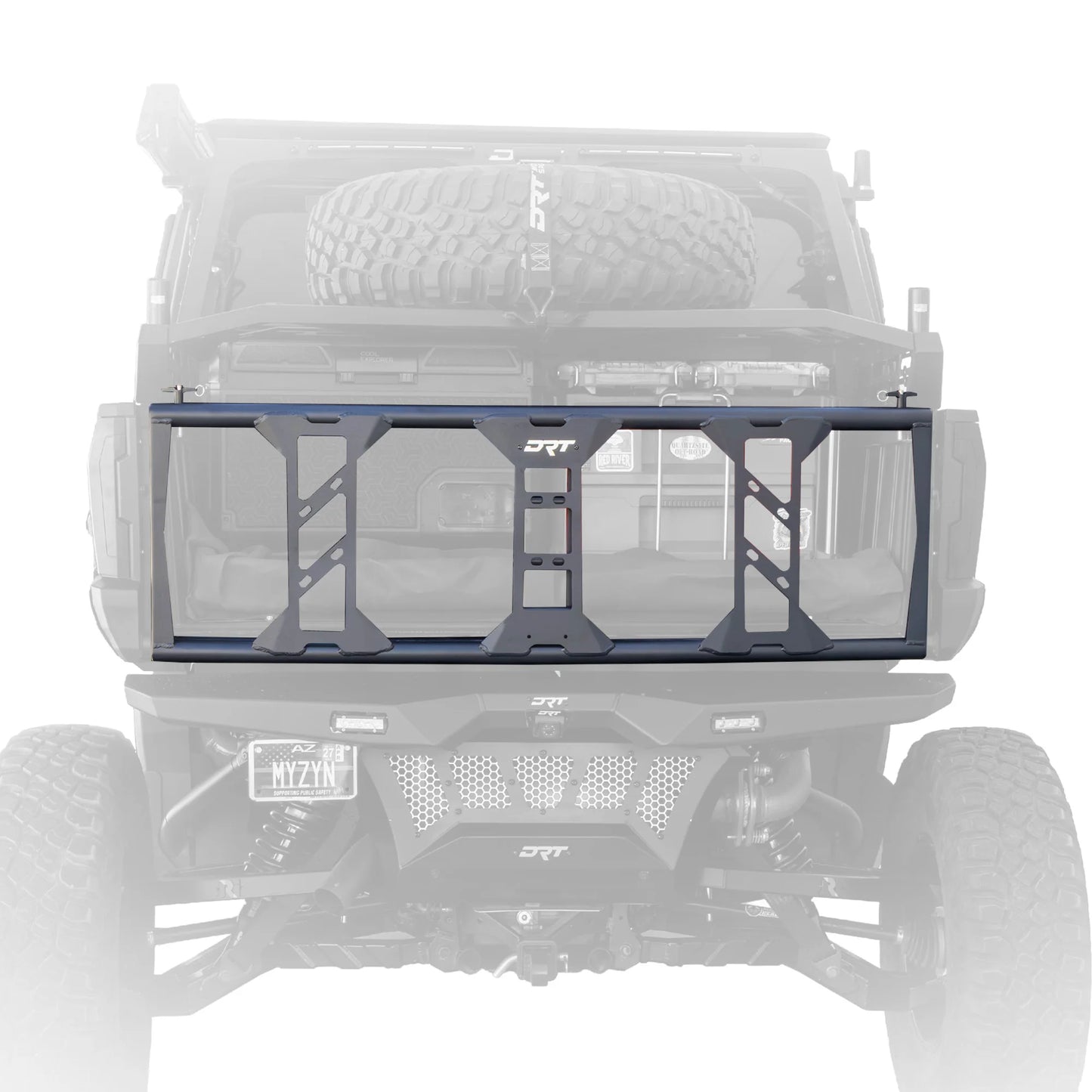 A black DRT rear bumper guard with a clear plastic front panel, shown mounted on the rear bumper of a vehicle against a white background.