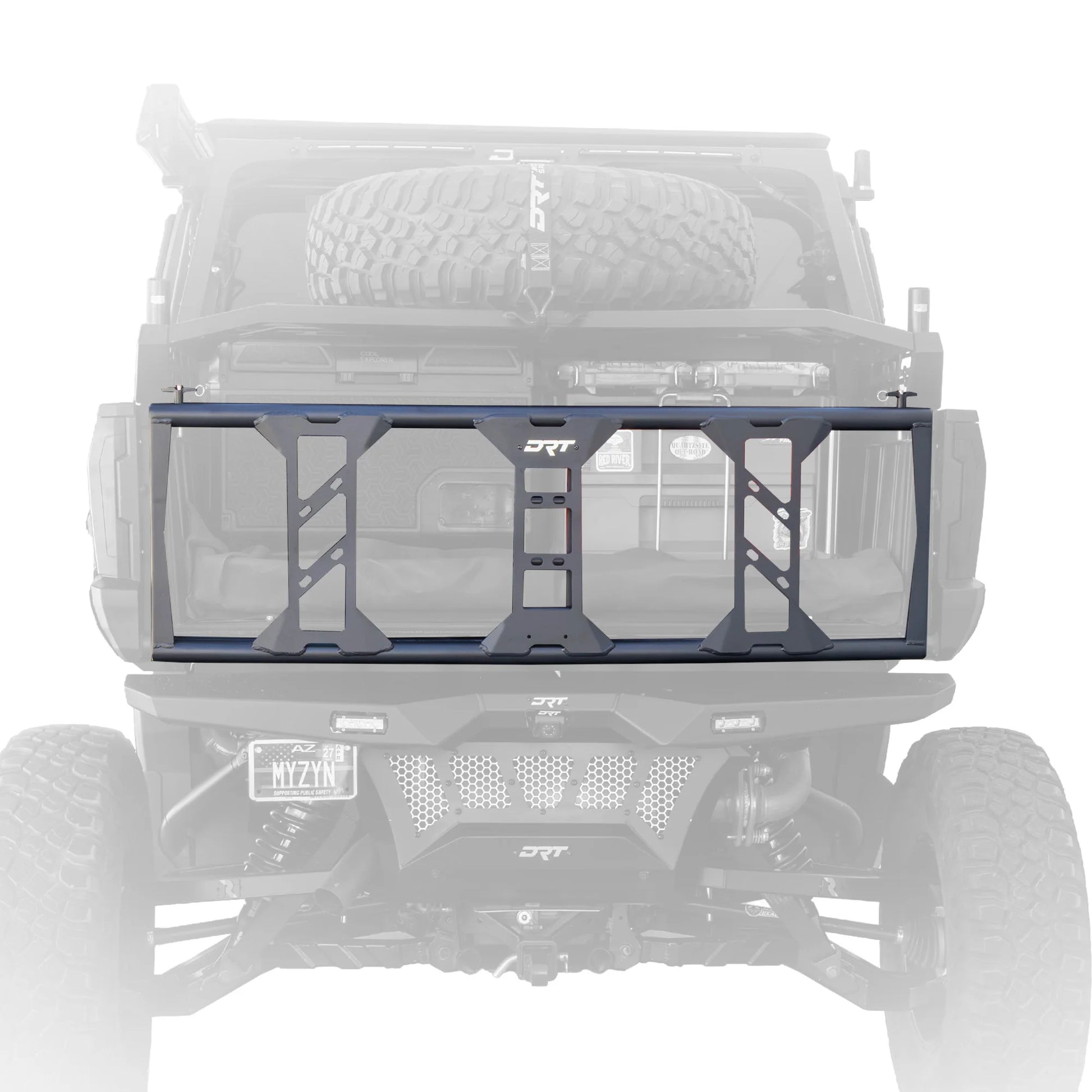 A black DRT rear bumper guard with a clear plastic front panel, shown mounted on the rear bumper of a vehicle against a white background.