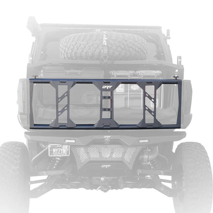 A black DRT rear bumper guard with a clear plastic front panel, shown mounted on the rear bumper of a vehicle against a white background.