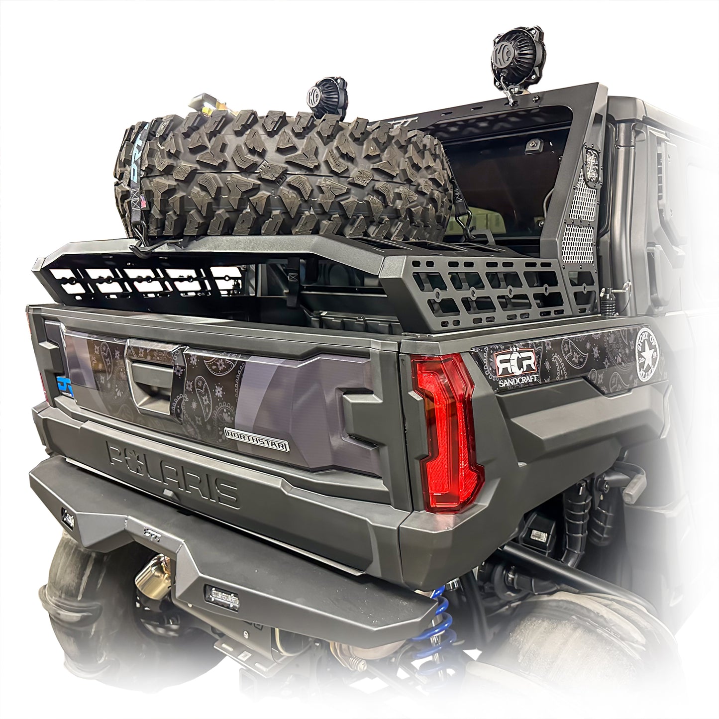 DRT Motorsports Polaris XPEDITION Tire Carrier / Chase Rack System with spare mounted
