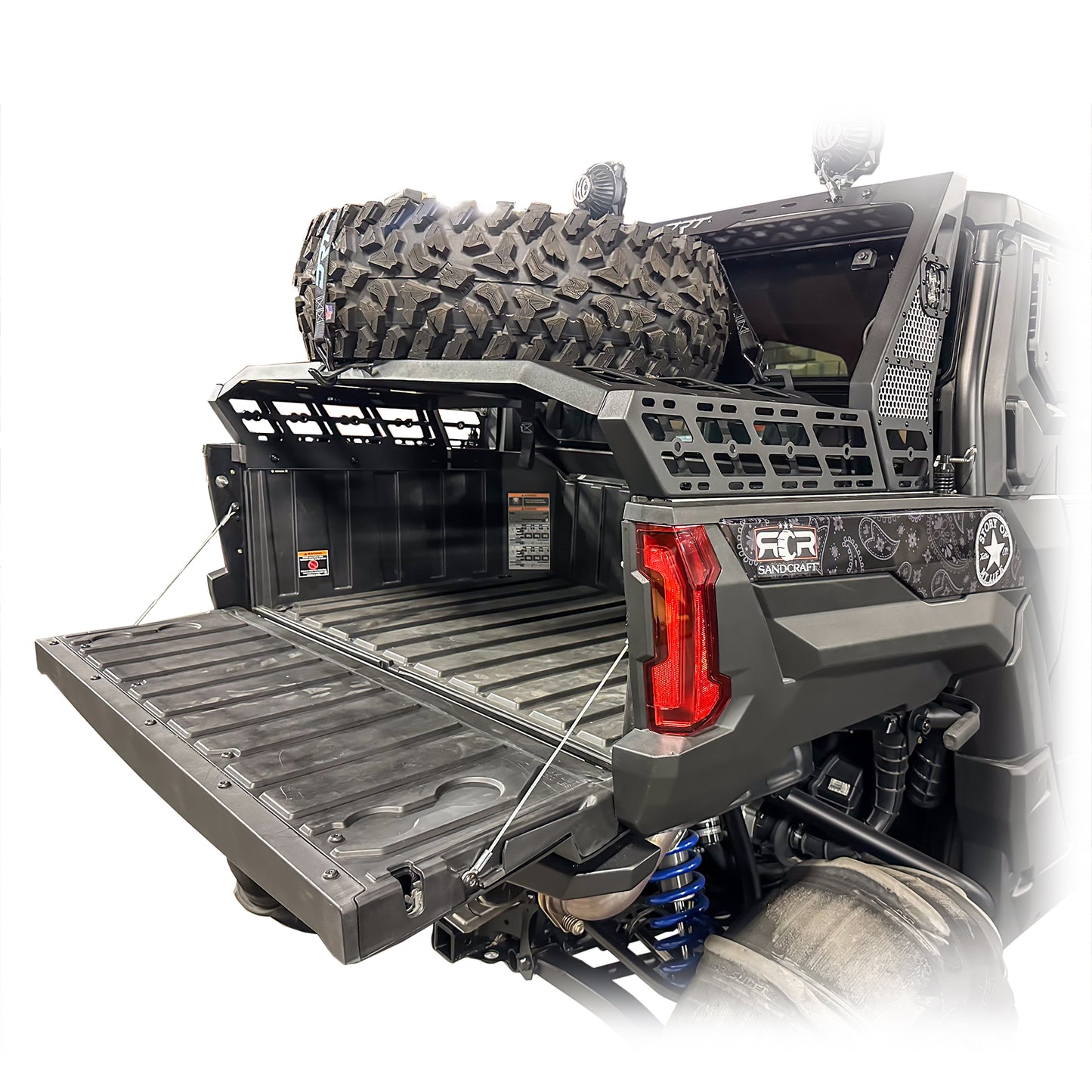 DRT Motorsports Polaris XPEDITION Tire Carrier / Chase Rack System tailgate open