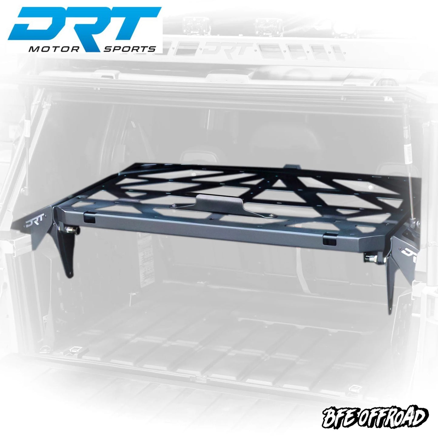 Trunk cargo rack in a vehicle with DRT Motor Sports branding.