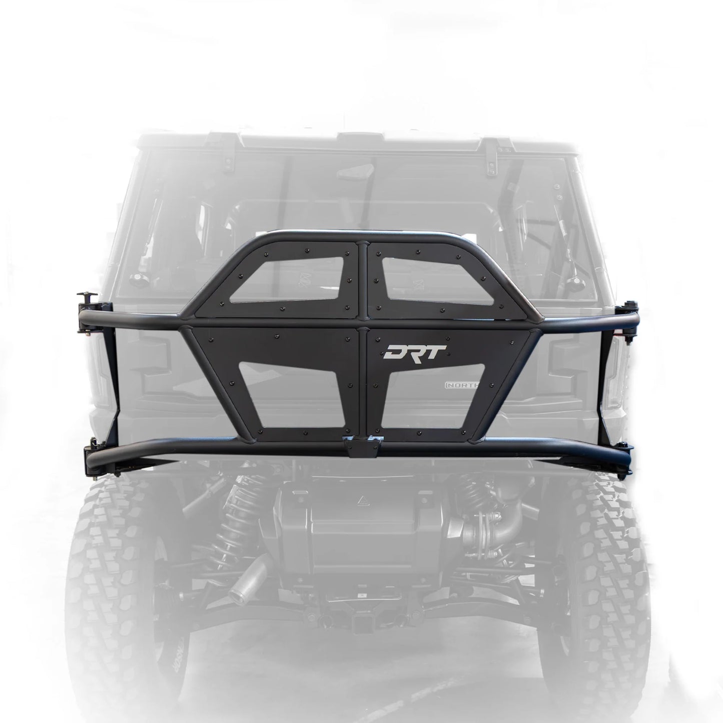 Front view of a vehicle with a black bumper and 'DRT' branding on a white background