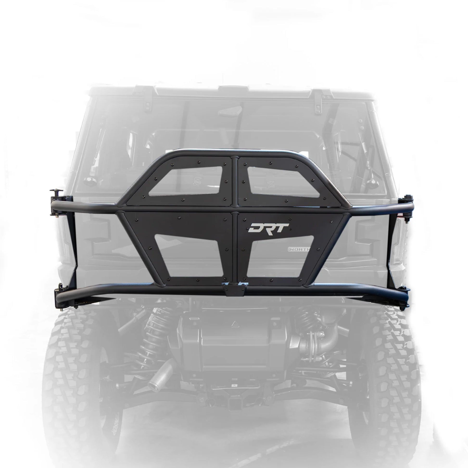 Front view of a vehicle with a black bumper and 'DRT' branding on a white background