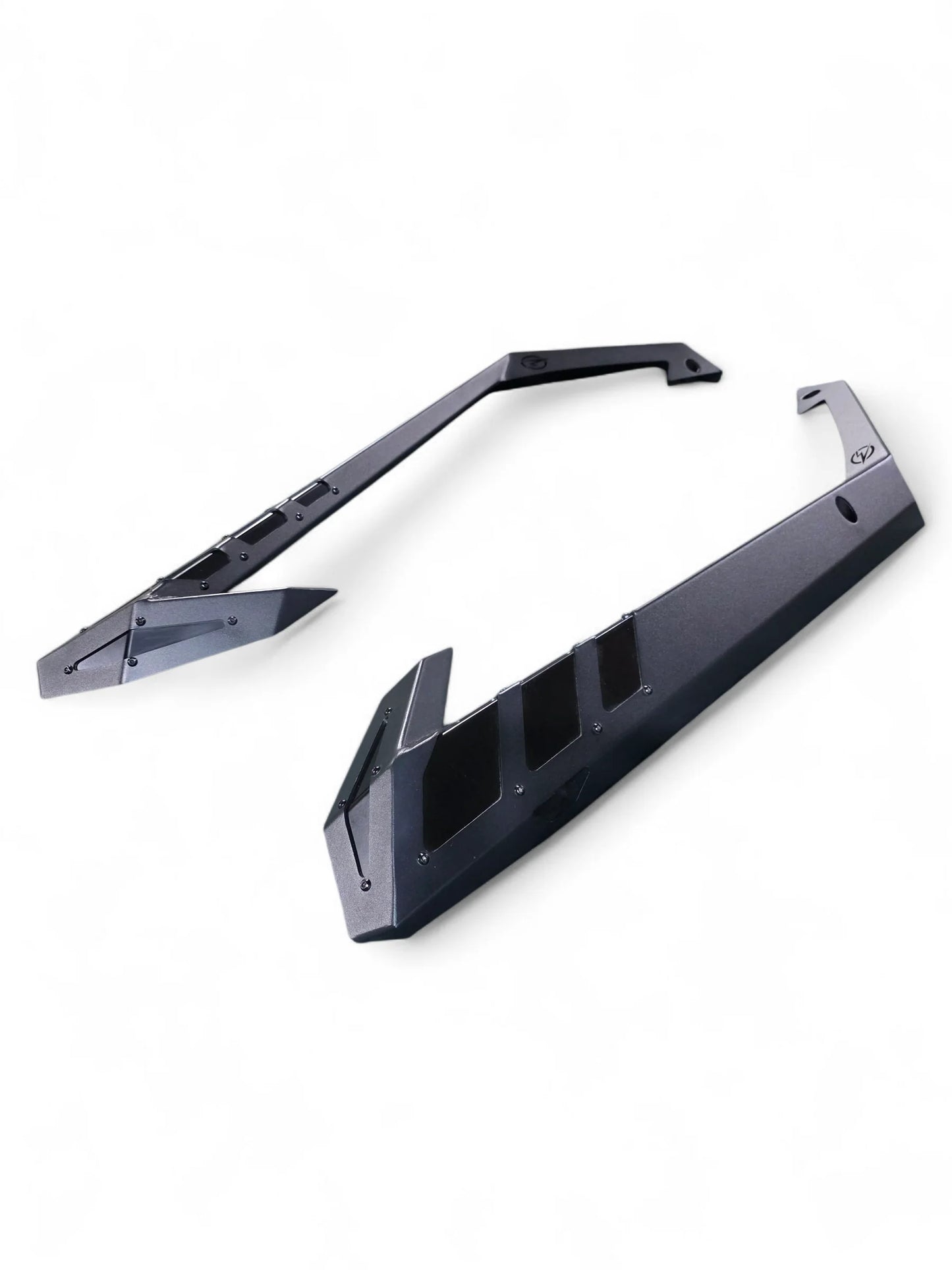 Two black metal side steps on a white background