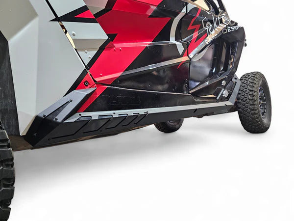 EOD VOLT ROCK SLIDERS GUARDS RAILS POLARIS RZR PRO XP PRO R TURBO R FOUR SEAT mounted front close drivers view