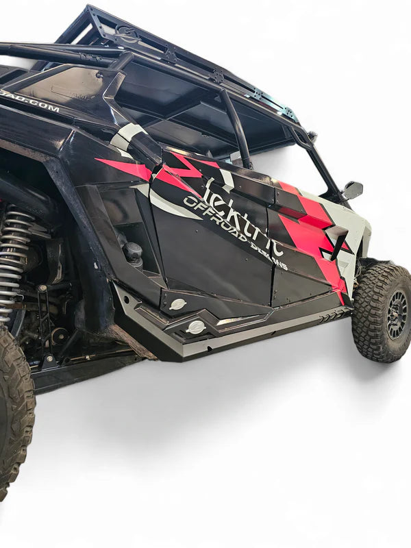 EOD VOLT ROCK SLIDERS GUARDS RAILS POLARIS RZR PRO XP PRO R TURBO R FOUR SEAT mounted rear view