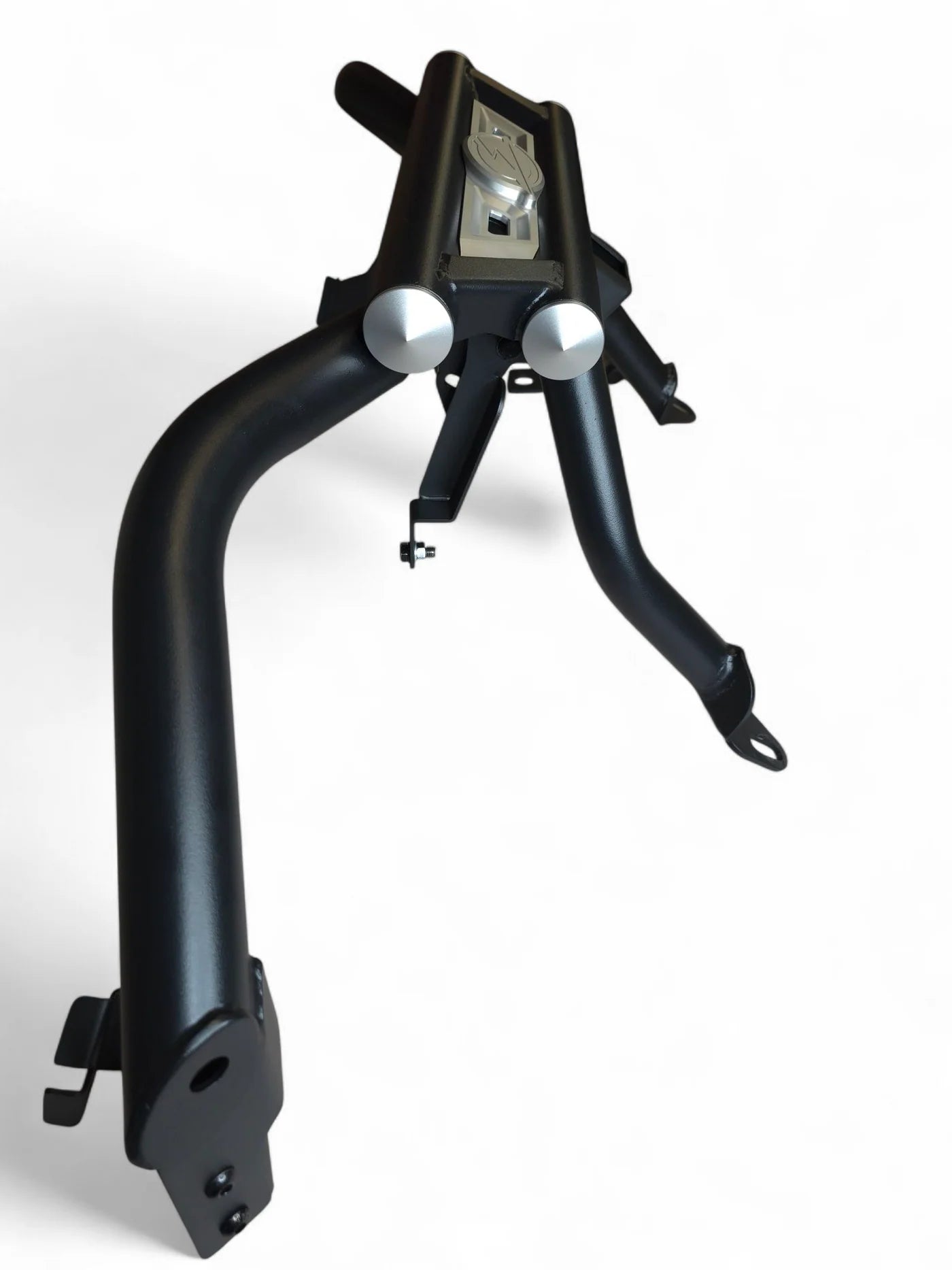 Black metal bracket with silver bolts on a white background