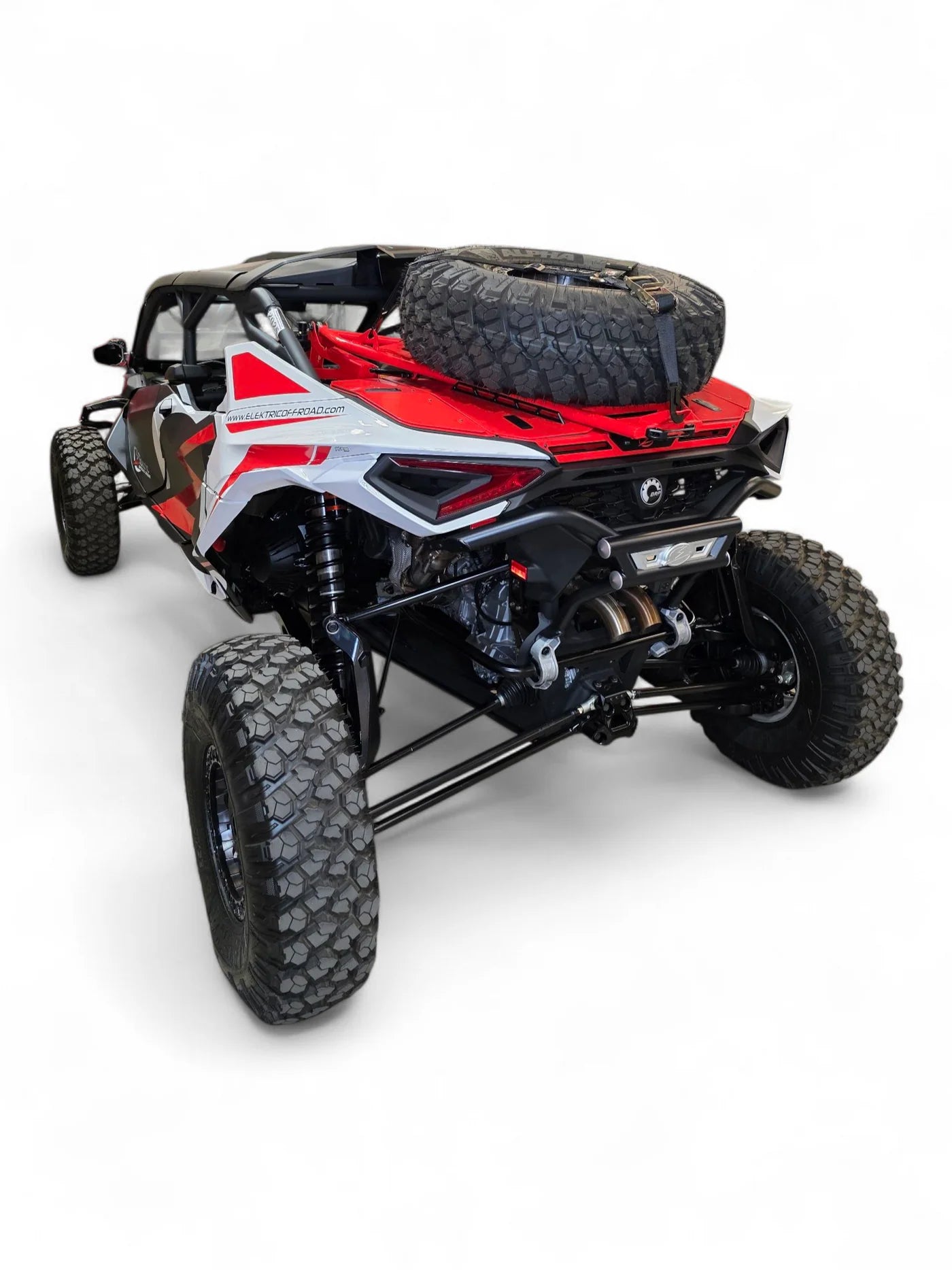 Red and black off-road vehicle on a white background