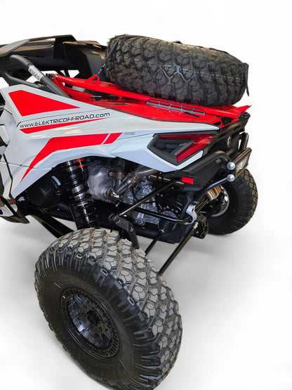 Electric off-road vehicle with red and white design on a white background