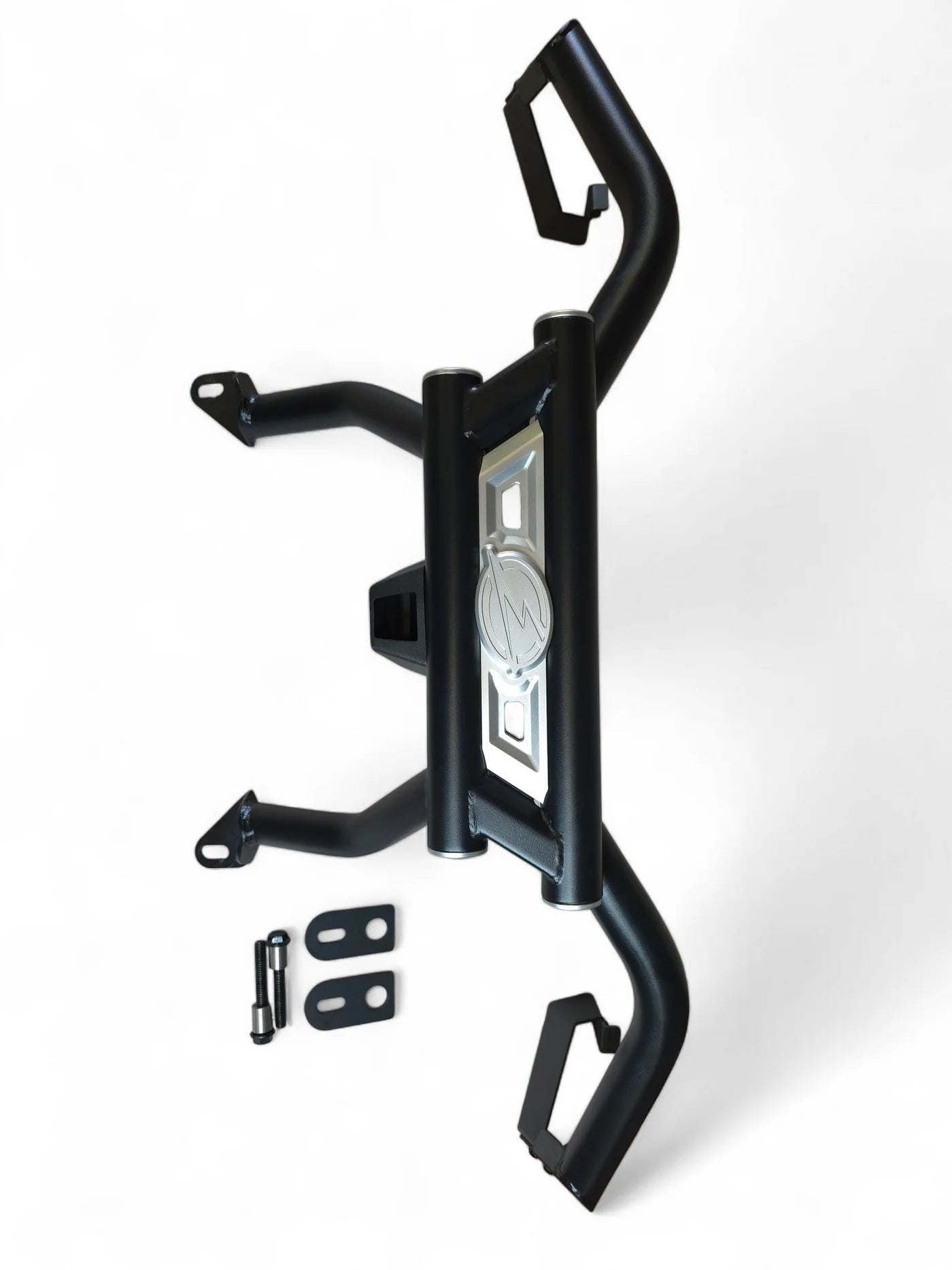 Black UTV Bumper with mounting hardware on a white background
