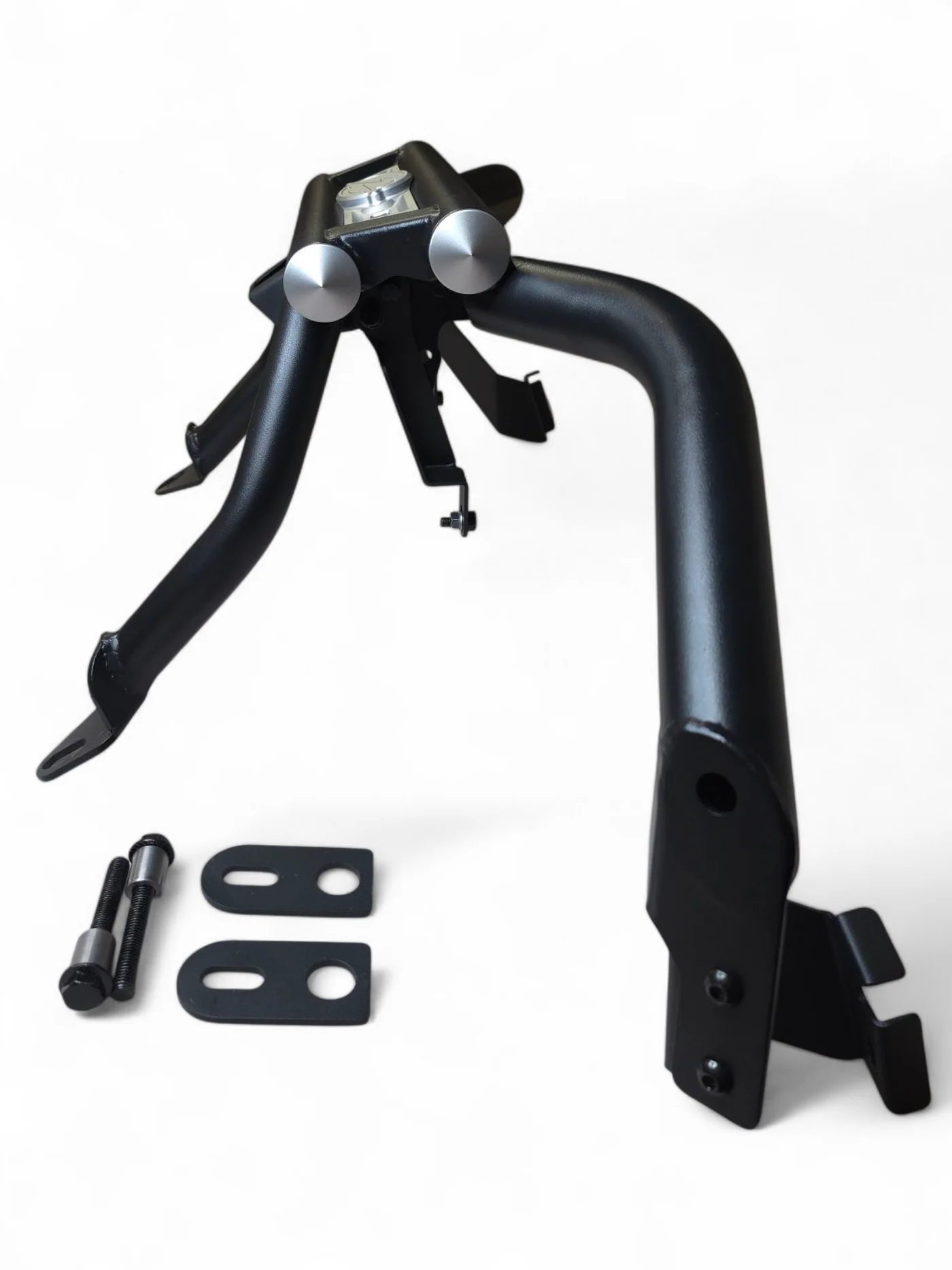 Black metal bracket with additional components on a white background