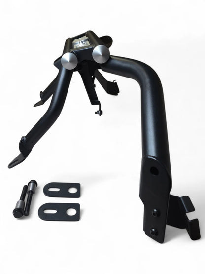 Black metal bracket with additional components on a white background