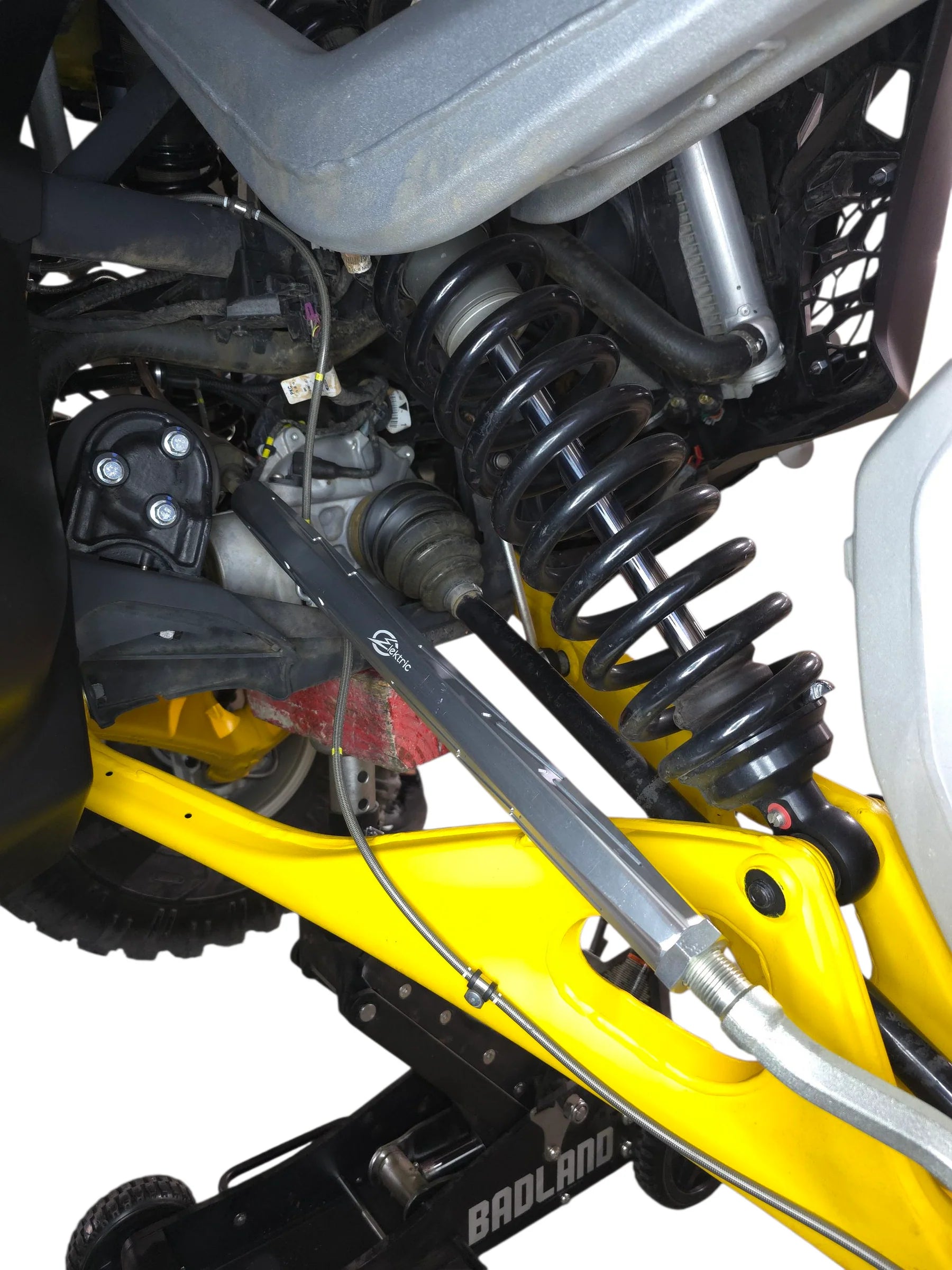 Close-up of a motorcycle suspension system with a white background