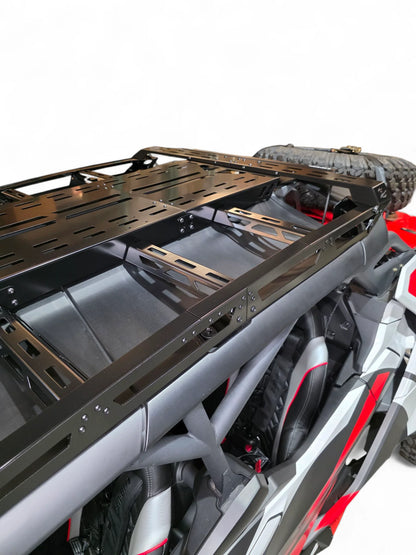 Close-up of a motorcycle with a black luggage rack on a white background
